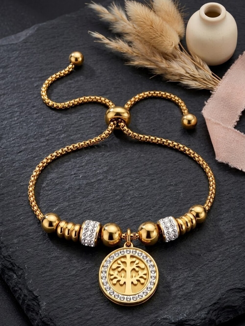 18K Gold Plated Stainless Steel Tree of Life CZ Beaded Bolo Bracelet Adj 8"